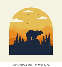 Wild bear standing of the cliff. Grizzly bear looking on valley with mountains poster. Concept of wildlife