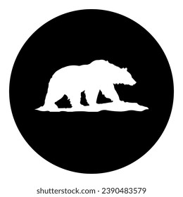 A wild bear symbol in the center. Isolated white symbol in black circle. Vector illustration on white background