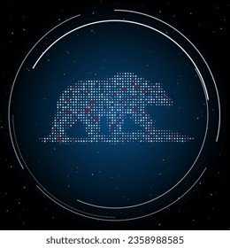 The wild bear symbol filled with white dots. Pointillism style. Some dots is red. Vector illustration on blue background with stars