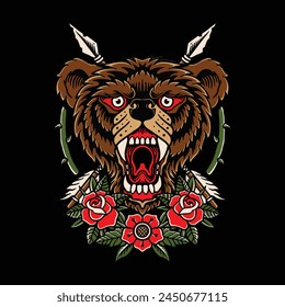Ilustración vectorial de tatuaje tradicional de oso salvaje