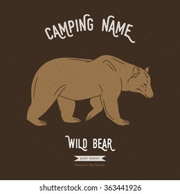 Wild bear vector illustration. European animals silhouettes with lettering chalk board. Camping logo design.