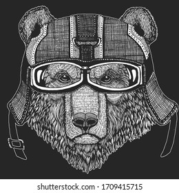 Wild bear. Vintage motorcycle leather helmet. Portrait of animal for emblem, logo, tee shirt.