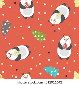 Wild bears with Christmas tree Seamless Pattern . Vector illustration.