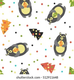 Wild bears with Christmas tree Seamless Pattern . Vector illustration.