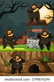 Wild bears group in many poses in animal park cartoon style on night background illustration