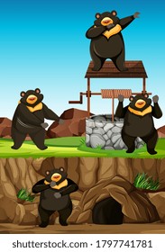 Wild bears group in many poses in animal park cartoon style  illustration