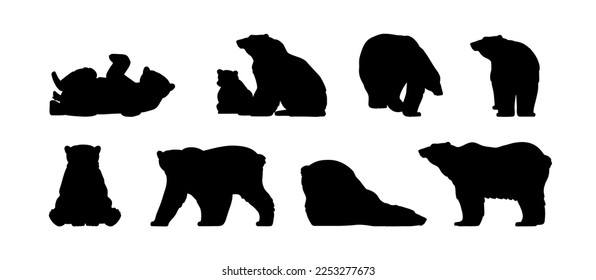 Wild bears silhouettes set, cartoon vector illustration isolated on white background. Northern polar or forest bears silhouette dark shapes collection.