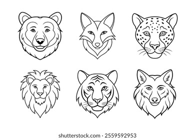 Wild Beast Animal Heads Vector Line Art Collection