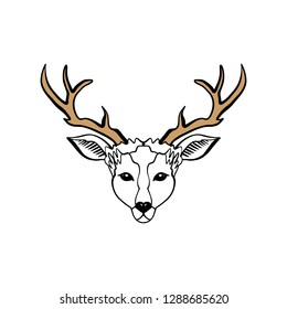 Wild beautiful deer with golden horns, hand drawn boho stylish portrait. Tattoo line work illustration