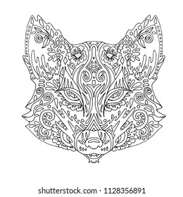 Wild beautiful fox head hand draw on a white background. Color book. Fashion in a vector illustration