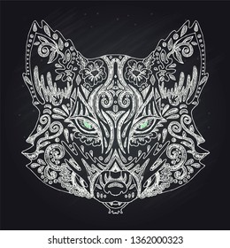 Wild beautiful fox head hand drawn in chalk on a black background. Color book. Fashion in a vector illustration