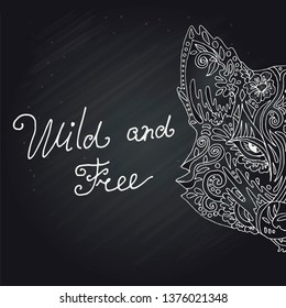 Wild beautiful fox head hand drawn in chalk on a black background. Fashion in a vector illustration