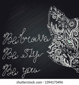 Wild beautiful fox head hand drawn in chalk on a black background. Fashion in a vector illustration 