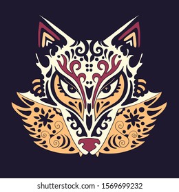 Wild beautiful fox head hand draw on a white background. Print. Color book vector illustration