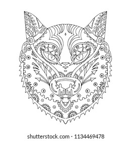 Wild beautiful wolf head hand draw on a white background. Color book. Fashion steam punk style in a vector illustration