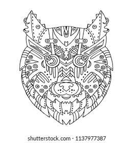 Wild beautiful wolf head hand draw on a white background. Color book. Fashion steam punk style in a vector illustration