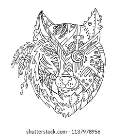 Wild beautiful wolf head hand draw on a white background. Color book. Fashion boho american steam punk style in a vector illustration