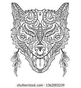 Wild beautiful wolf head hand draw on a white background. Color book. Fashion in a vector illustration