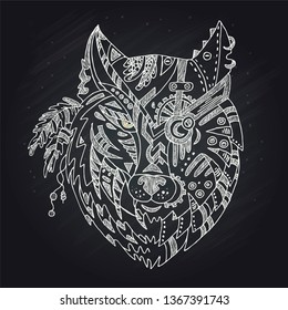 Wild beautiful wolf head hand draw on a chalk board background.Fashion boho american steam punk style in a vector illustration