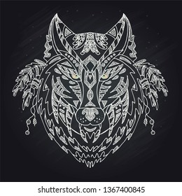 Wild beautiful wolf head hand draw on a chalk board background.Fashion boho american steam punk style in a vector illustration 