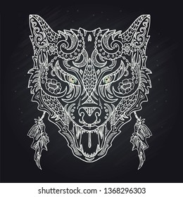Wild beautiful wolf head hand draw in chalk on a black background. Color book. Fashion in a vector illustration