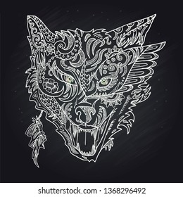 Wild beautiful wolf head hand draw in chalk on a black background. Color book. Fashion in a vector illustration