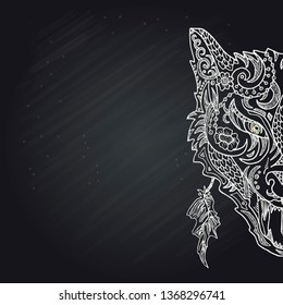 Wild beautiful wolf head hand draw in chalk on a black background. Color book. Fashion in a vector illustration