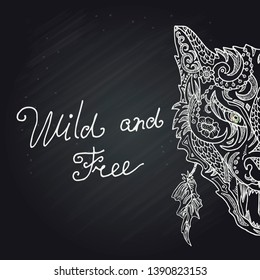 Wild beautiful wolf head hand draw on a chalk board background. Fashion in a vector illustration