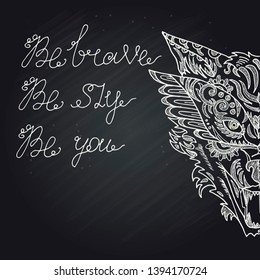 Wild beautiful wolf head hand draw on a chalk board background. Fashion in a vector illustration