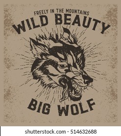 Wild beauty. Big wolf.t-shirt graphics, vectors