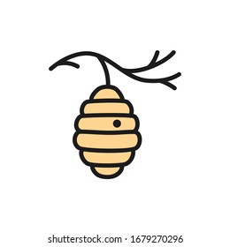 Wild bee hive on tree, beehive flat color line icon.