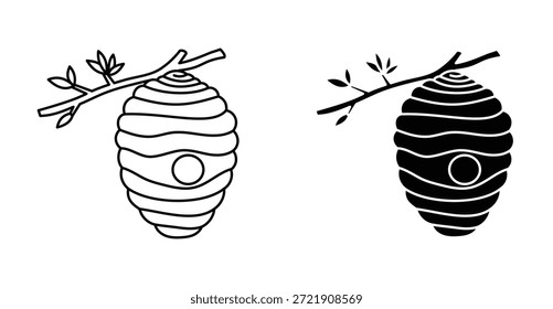 Symbolsatz für Wildbienenkäse. Wild Bienenstock Vektorsymbol in schwarz gefüllt und umrissen Stil.