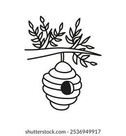 Wild beehive on the tree with leaves, bee house. Hand drawn doodle illustration.