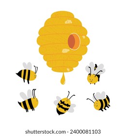 La colmena salvaje y algunas abejas lindas. Producción de miel en medio natural. Ilustración vectorial plana.