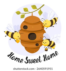 Wild bees bringing honey to hive on tree branch with lettering "Home sweet home" in flat cartoon style with characters. Vector illustration collection for stickers, website, banner, print, landing