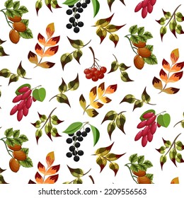 Wild berries and autumn leaves.Vector pattern with wild forest berries and bright autumn leaves on a transparent background.