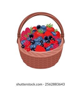 Wild berries in basket isolated on white background. Vector cartoon flat illustration of healthy food.