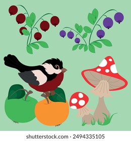 Wild berries, cranberries and blueberries and birds. Bright mushrooms of fly agaric. Vector drawing.