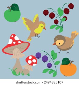 Wild berries, cranberries and blueberries and birds. Bright mushrooms of fly agaric. Vector drawing.