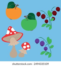 Wild berries, cranberries and blueberries. Bright mushrooms of fly agaric. Vector drawing.