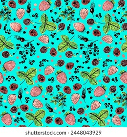 Wild berries decorative pattern.. Graphic set. Flowers, buds, fruits, leaves, branches. Vector illustration. Manual graphics.