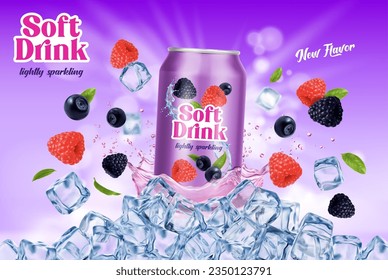 Wild berries drink can, fruit juice splash and ice cubes. Vector ads poster with refreshing and delightful combination of blueberry, raspberry and blackberry flavors, burst of cool fruity goodness