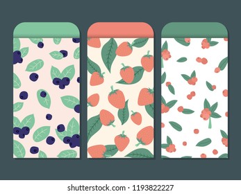 Wild berries envelopes vector template. Individual design gift wrapping, package with strawberries, blueberries, cowberries and leaves