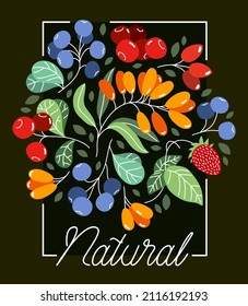 Wild berries fresh and ripe tasty healthy food vector flat style illustration over dark background, delicious vegetation diet eating, organic food.