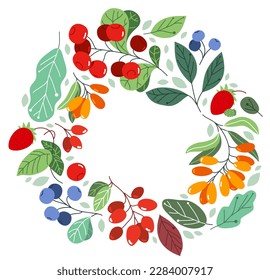 Wild berries fresh and ripe tasty healthy food vector flat style round wreath frame isolated over white, circle shape border delicious vegetation diet eating, nature gifts.