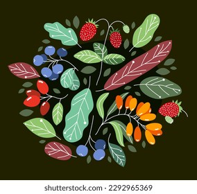 Wild berries fresh and ripe tasty healthy food with leaves vector flat style illustration over dark background, delicious vegetation diet eating, nature gifts.