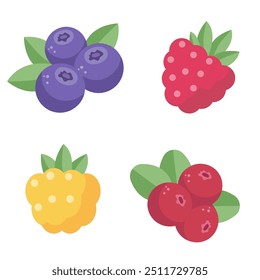 wild berries isolated on a transparent background. Simple, stylish flat illustration of blueberry, raspberry, cloudberry and cowbberry