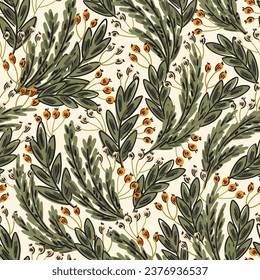 Wild berries with leaves scattered in a christmas color palette of forest green,orange,cream. Christmas seamless vector pattern. Great for homedecor, fabric,wallpaper,giftwrap,stationery,packaging.