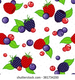 Wild Berries Seamless Pattern. Raspberry, Bilberry, Blackberry, Cranberry Seamless Texture