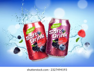 Wild berries tea drink can and splash. Vector refreshing combination of blueberry, raspberry, and blackberry flavors come together, creating a burst of cool fruity goodness that invigorates the senses